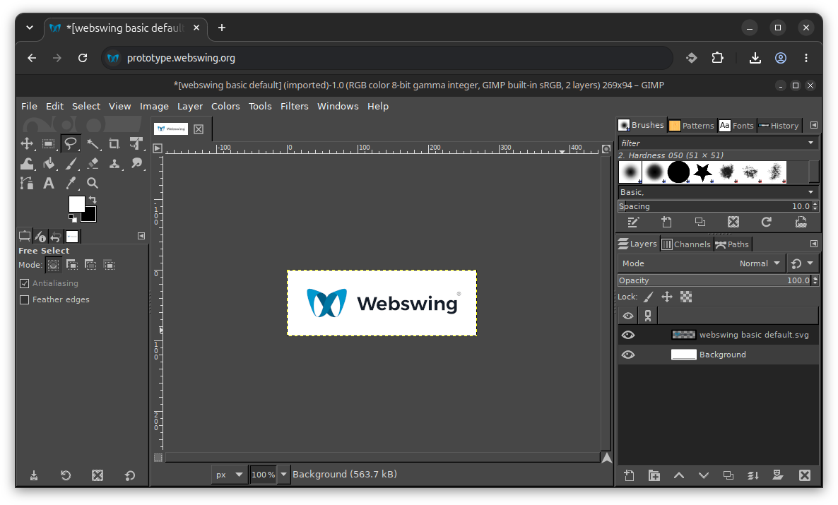 GIMP, a Linux desktop image editor, running in a browser through Webswing.