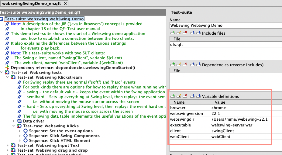 Screenshot of the demo suite root node with configurable variables
