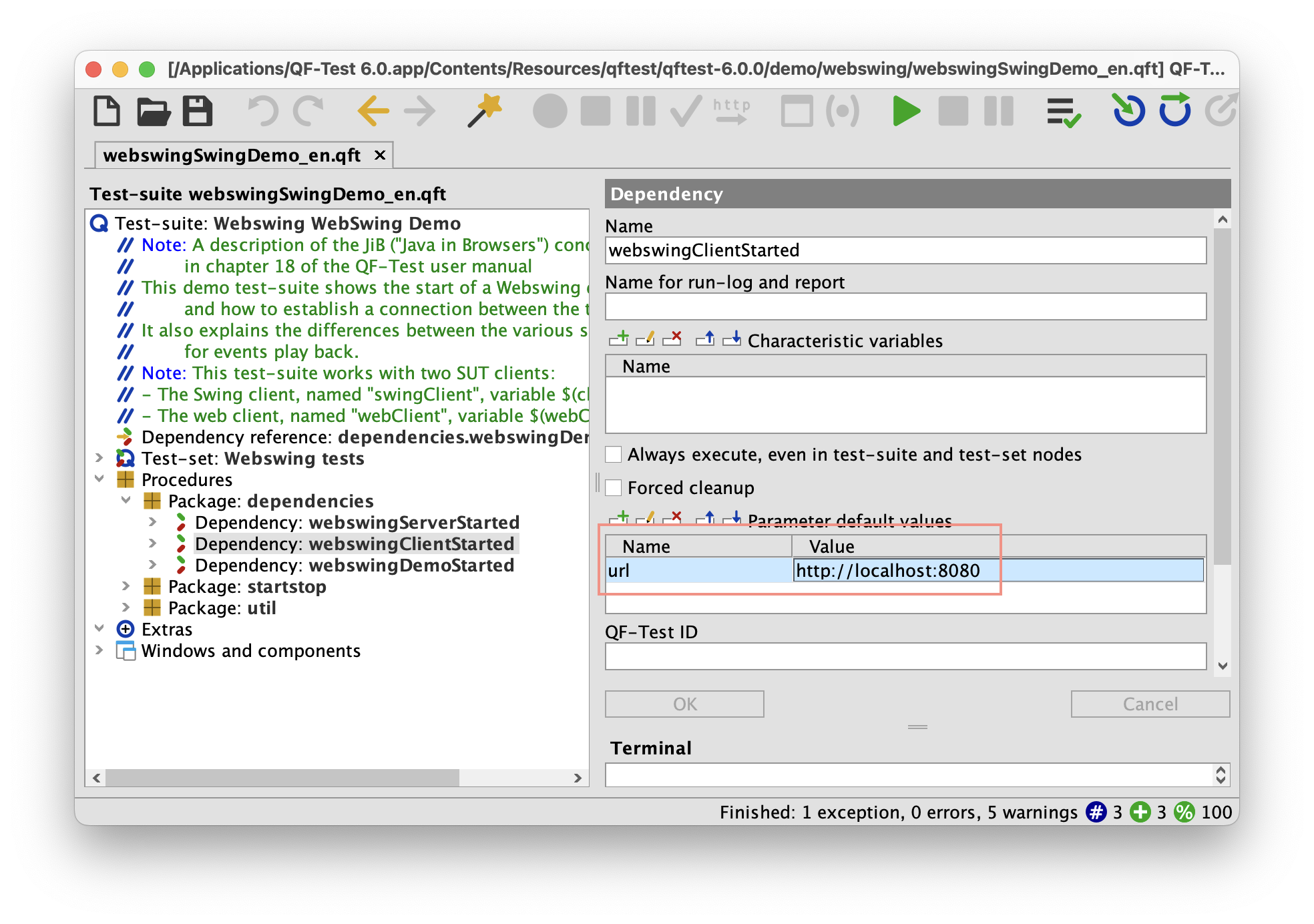 Screenshot of the demo suite node with the Webswing server URL