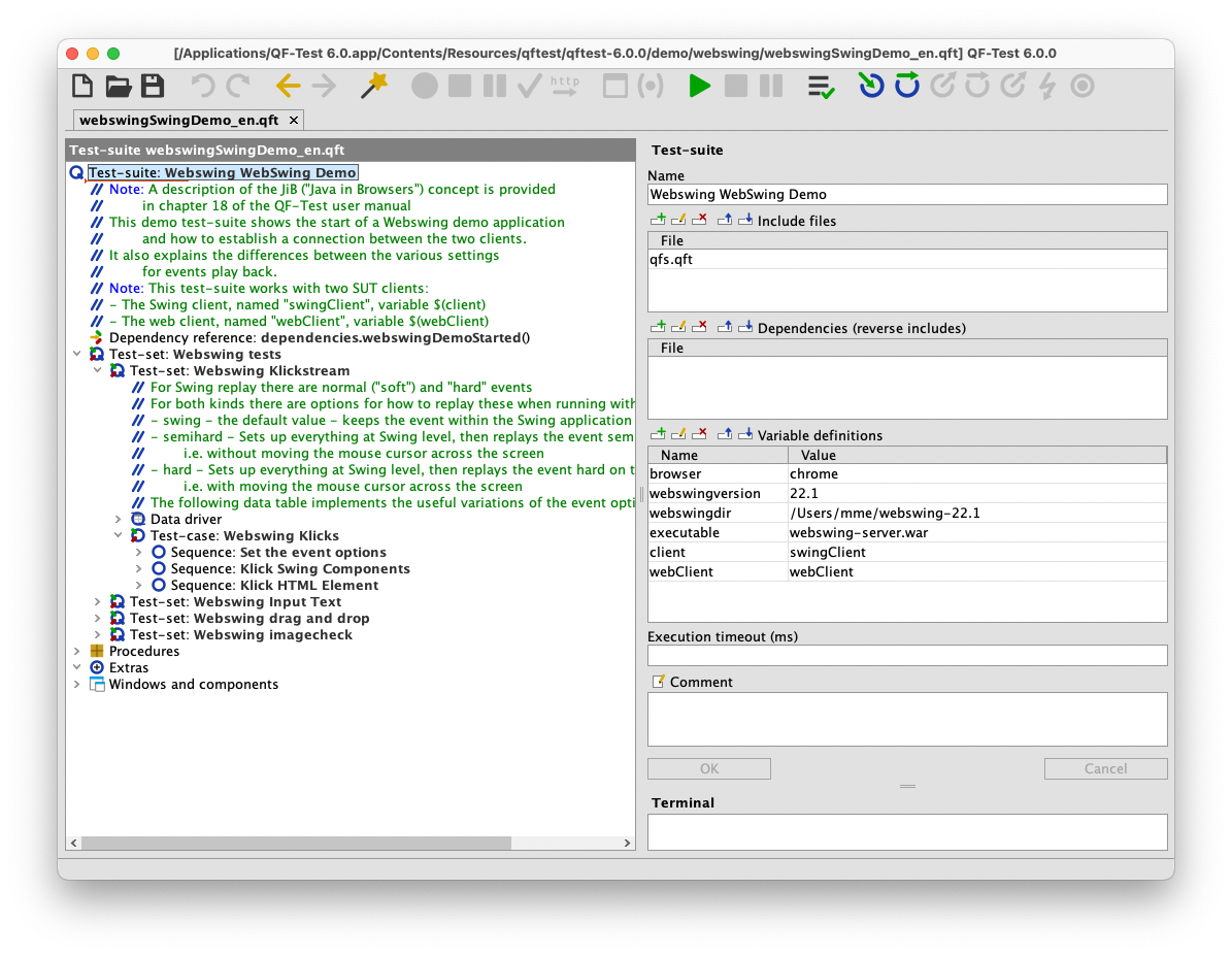 Screenshot of the Webswing demo test suite in QF-Test