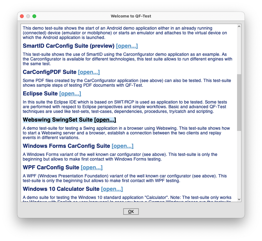 Screenshot of the "Explore Sample Testsuites" dialog in QF-Test