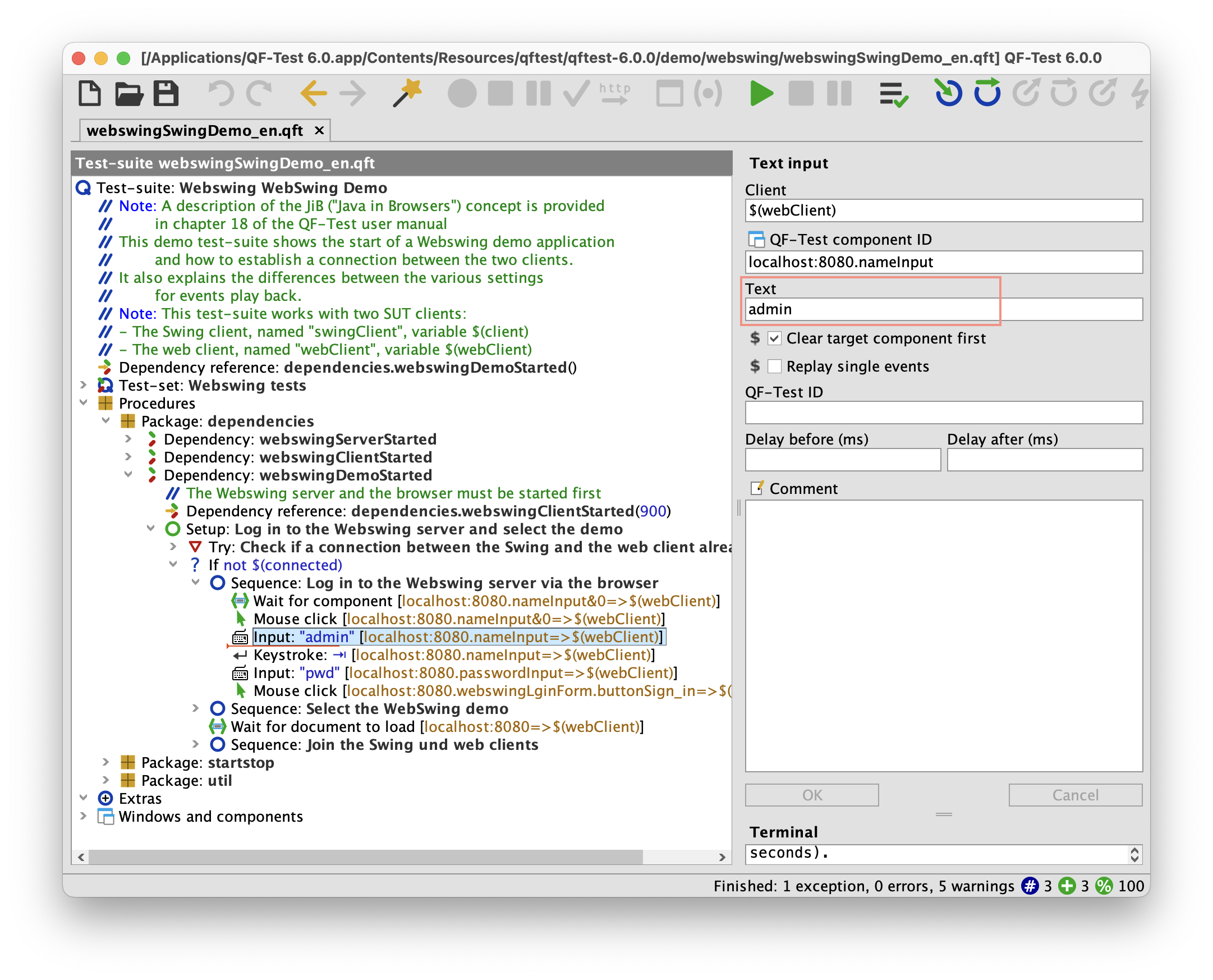Screenshot of the demo suite section where the Webswing server credentials are defined