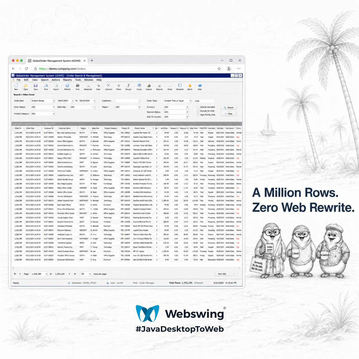 A Million Rows in a JTable: Big Data in the Browser Without a Web Rewrite