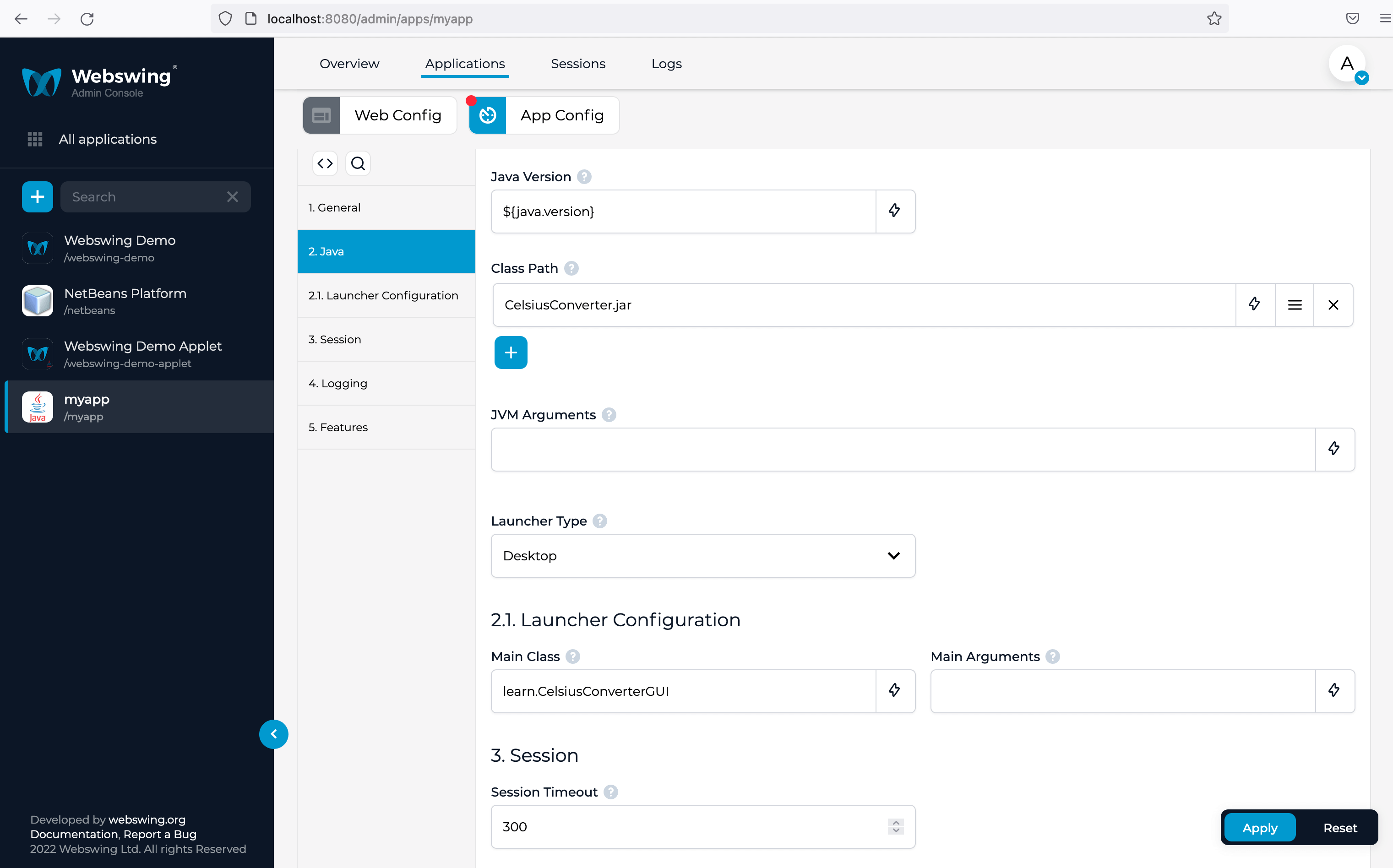 Webswing Admin Console mit Class Path, Desktop-Launcher und Hauptklasse für CelsiusConverter.